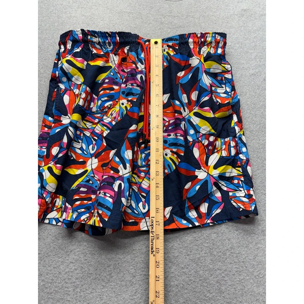 Broken Threads Mens Tropical Leaf Print Swim Trunks Navy Multicolor Size M